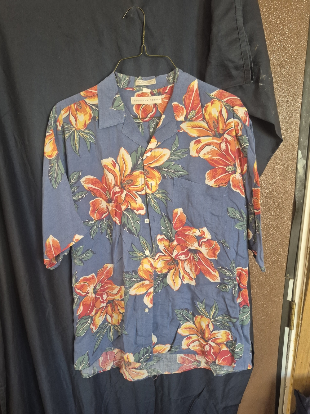 Geoffrey Beene Blue Short-Sleeve Button-Down with Orange Floral Print